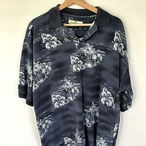 Vintage Tommy Bahama Hawaiian Blue Floral Polo Shirt Silk Blend Size Medium